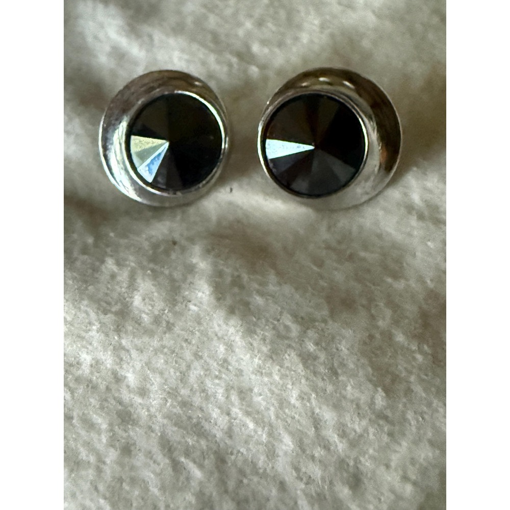 VTG Coventry Clip Earrings Black Rivoli Stone Silver Tone Round Costume Jewelry